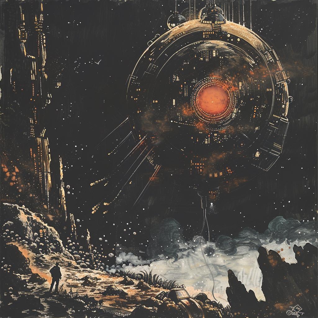 retro  sci-fi  illustration  dark  gouache  vintage  epic  composition  black  StudioGhibli 922452