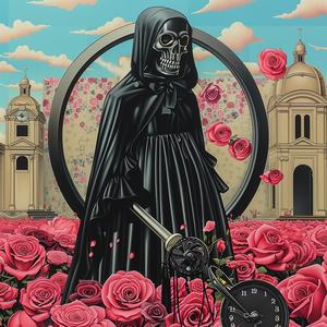 skeleton  clock  roses  gothic  dark  symbolic  contrast  painting  mysterious  emotion 1037923