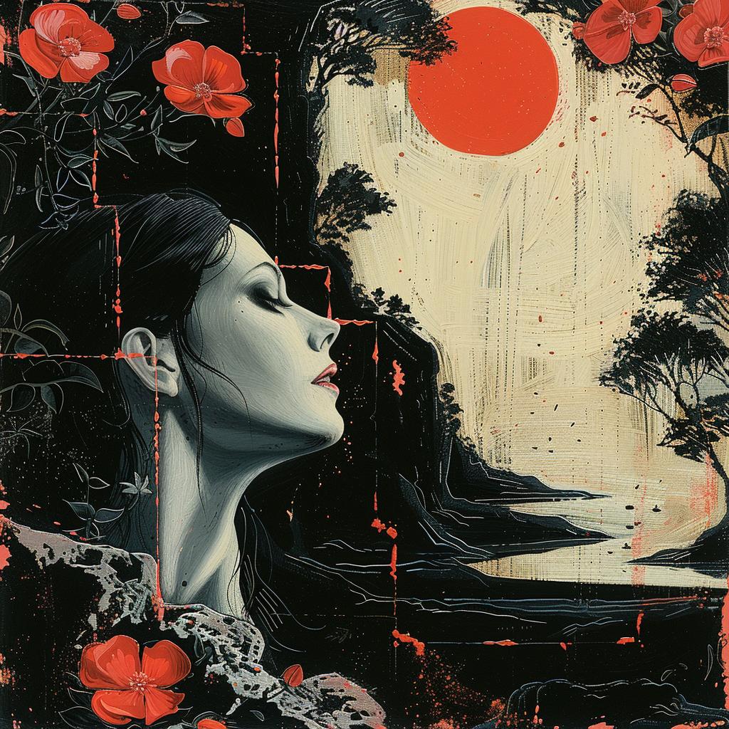 chromolithography  portrait  floral  sun  red  female  impressionistic  vibrant  colorful  nature 963836