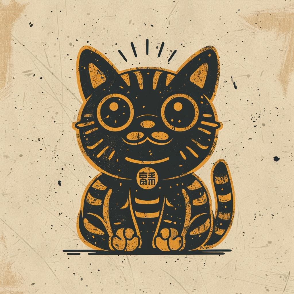 cat  whimsical  woodblock  oversized  Japanese  characters  bold  print  art  playful 927883
