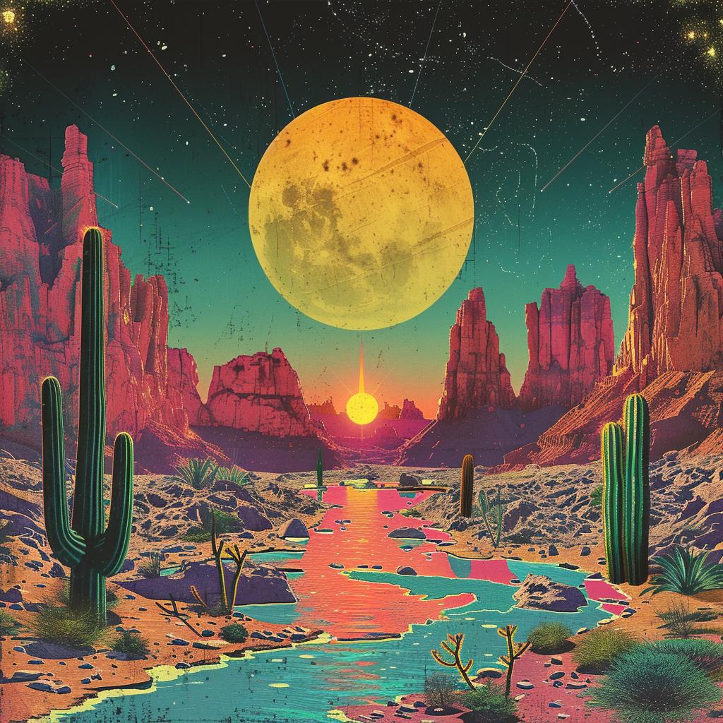 album  cover  1980s  cactus  desert  landscape  river  geometry  synthwave  colorful 960634