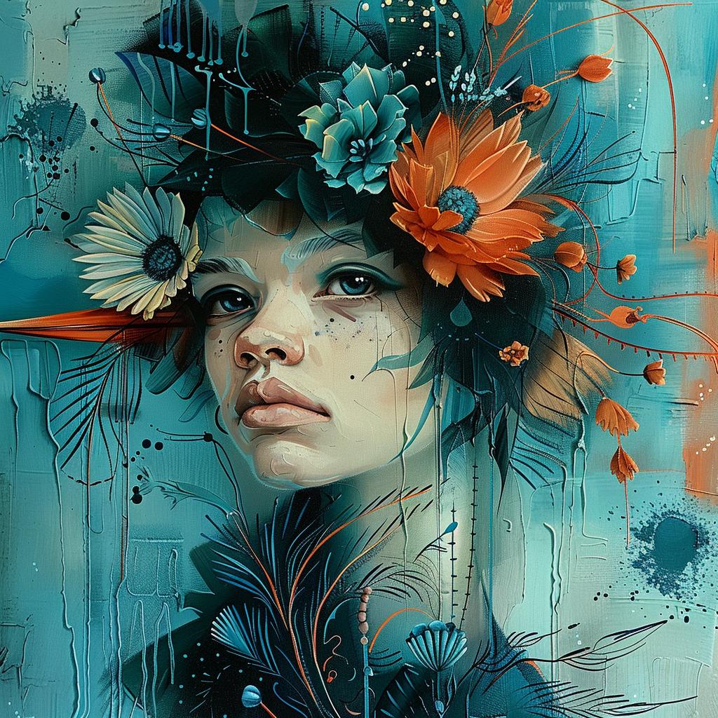 woman  flowers  hair  teal  orange  painting  flowerpunk  vibrant  nature  colorful 963628