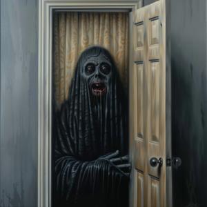 man  black  robe  door  painting  horror  ominous  foreboding  mysterious  dark 1036838