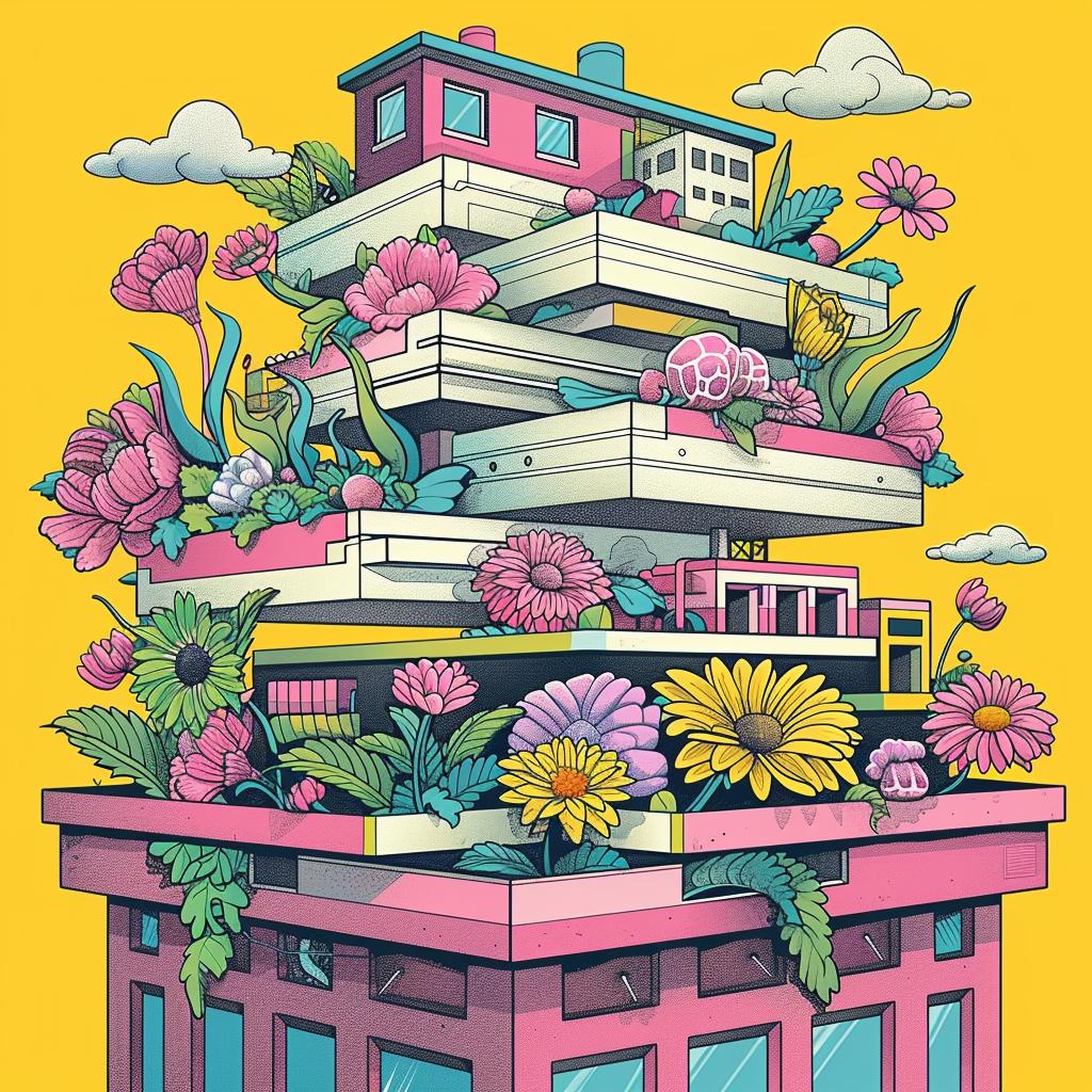 building  flowers  illustration  colorful  design  urban  nature  whimsical  art  creative 924235