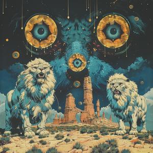 lion  three-eyed  ominous  occult  album  Art Nouveau  Surrealism  pointillism  gold  indigo 1077053