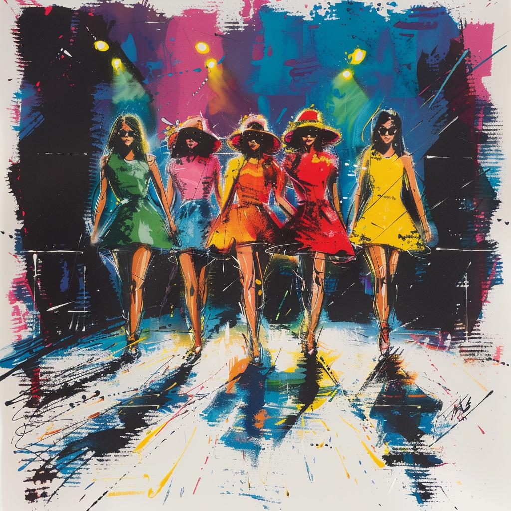 vibrant  models  catwalk  70s  cartoon  crayon  colorful  art  painting  fashion 953672