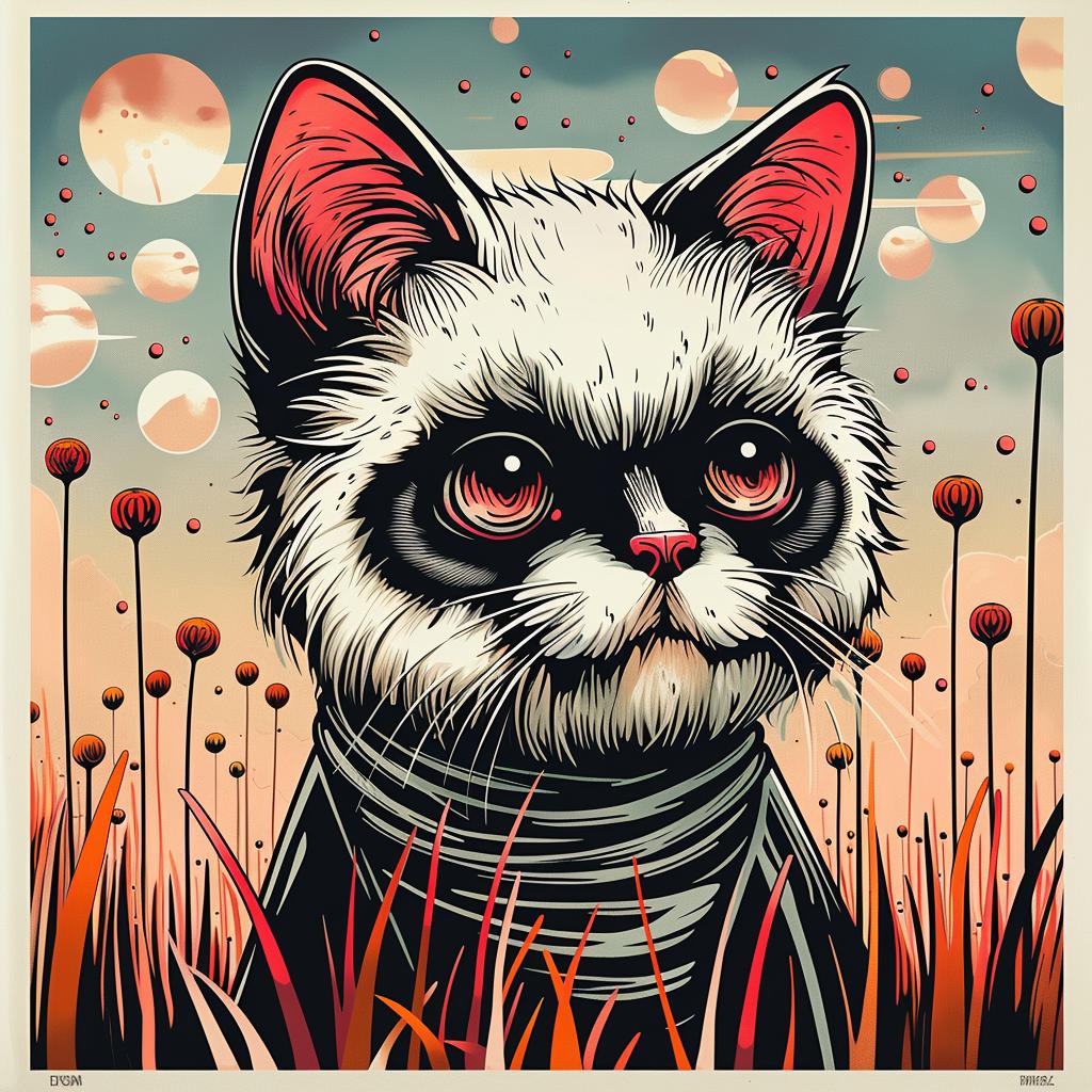 cat  black  white  face  field  playful  creature  nature  illustration  colorful 1032999