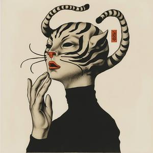woman  tiger  cat  ears  surreal  Risograph  symbolist  hyper-realistic  art  creative 1077764