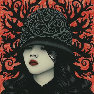 surreal  album  cover  woman  black  hair  hat  Risograph  Symbolist  screenprinting 1077706