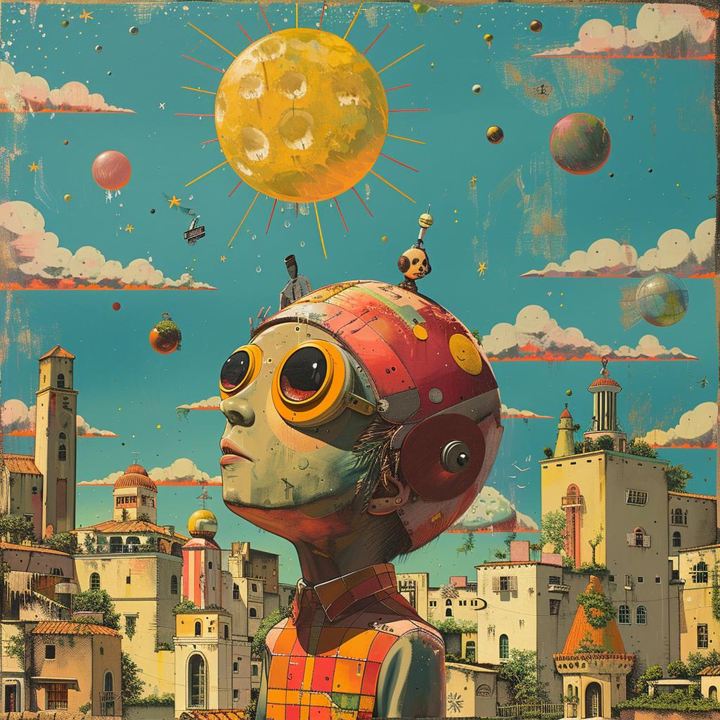 surreal  album  cover  hyper-realistic  screenprinting  man  helmet  glasses  city  Seth 960331