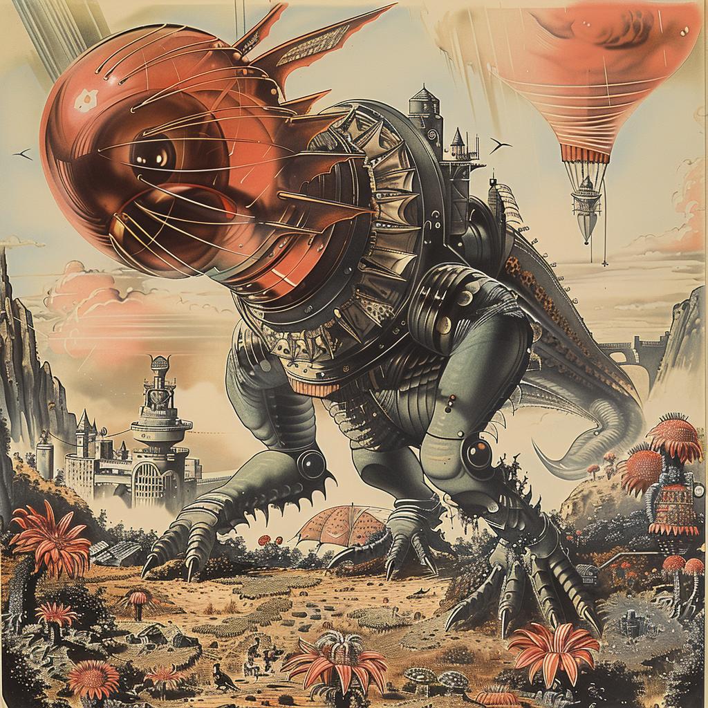 chromolithography  robot  vintage  painting  imagination  surreal  character  gigantic  artwork  whimsical 1036057
