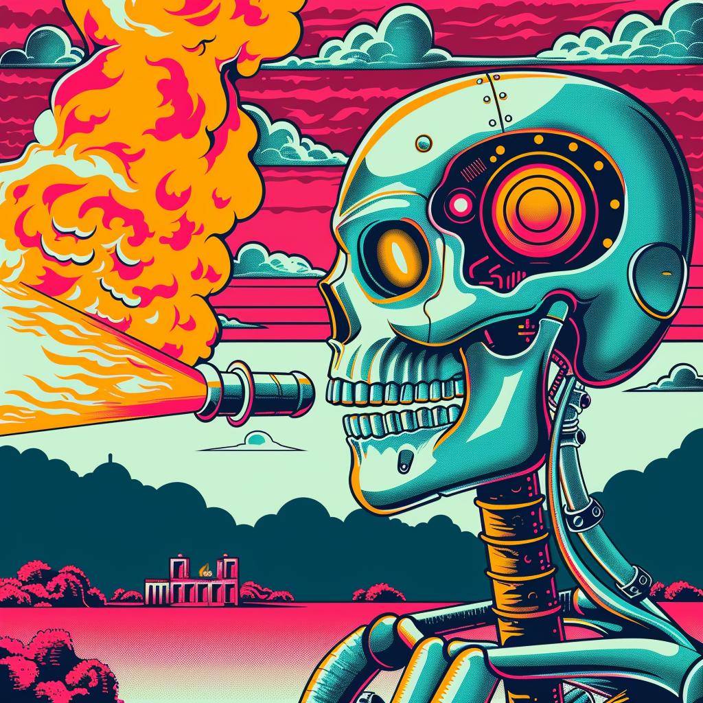 monster  robot  cyborg  flamethrower  flame  poster  skull  rocket  action  futuristic 944160