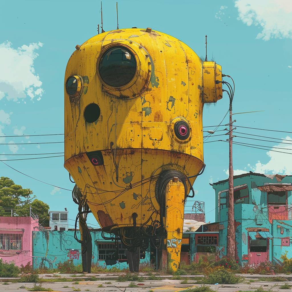 surreal  album  cover  hyper-realistic  screenprinting  yellow  robot  building  Simon  Stalenhag 960286