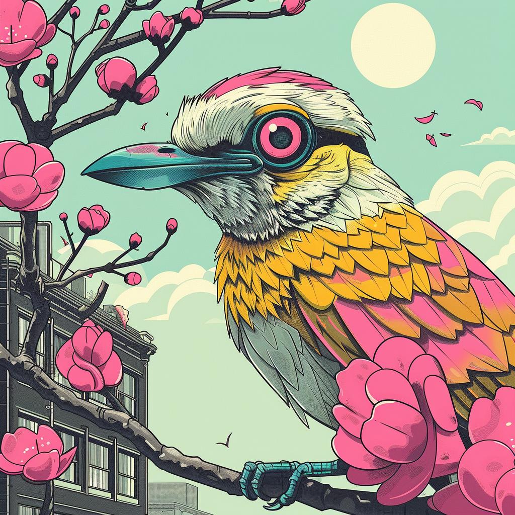 bird  branch  pink  flowers  colorful  surreal  album  cover  unusual  style 924922