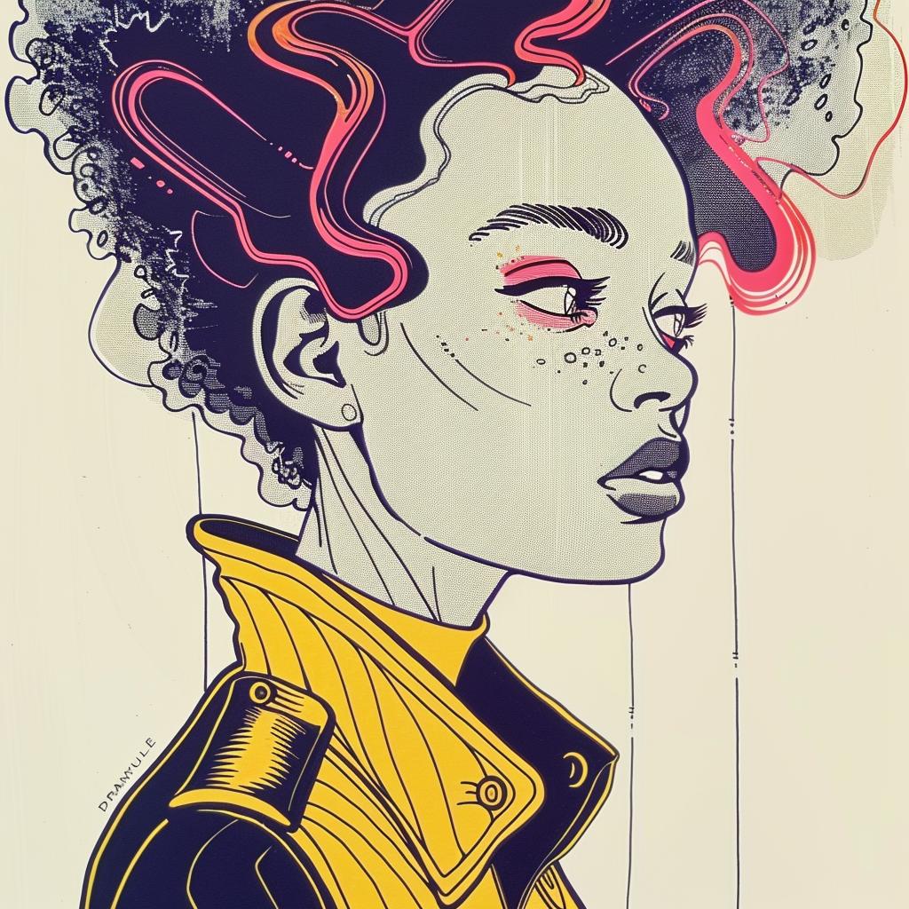 صورة شخصية لامرأة أمريكية من أصل أفريقي من فن البوب، رسم باتريك ناجل، شعر مجعد، رسم توضيحي بسيط ونابض بالحياة للأزياء، 938105