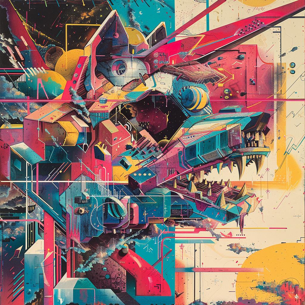 colorful  painting  robot  Nychos  synthwave  trippy  geometric  1980s  rocket  art 960744