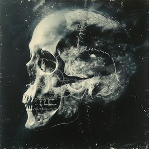quantum  entanglement  chemigram  skull  black  background  white  paint  faint  image 1038982