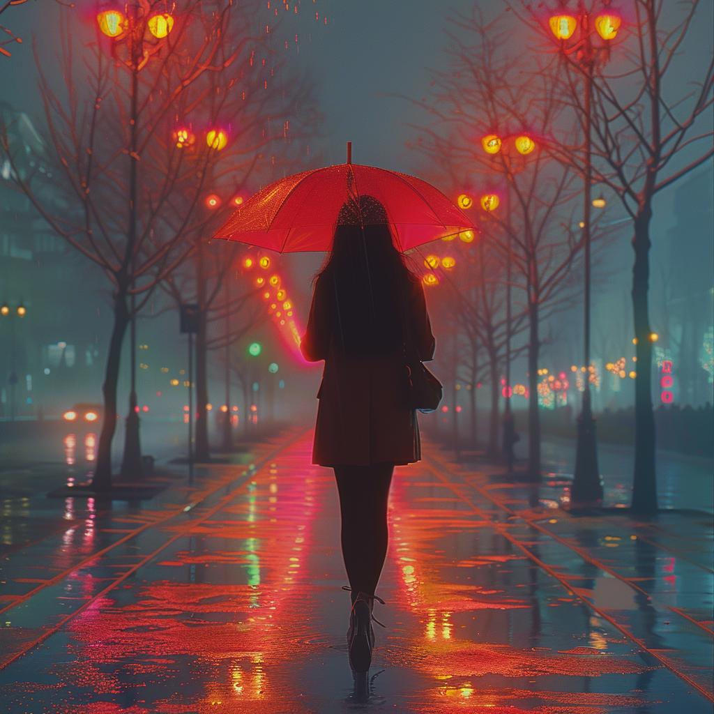 غلاف ألبوم سريالي، أضواء نيون، مطر، ليل، شارع، أنثى، مظلة، 976382
