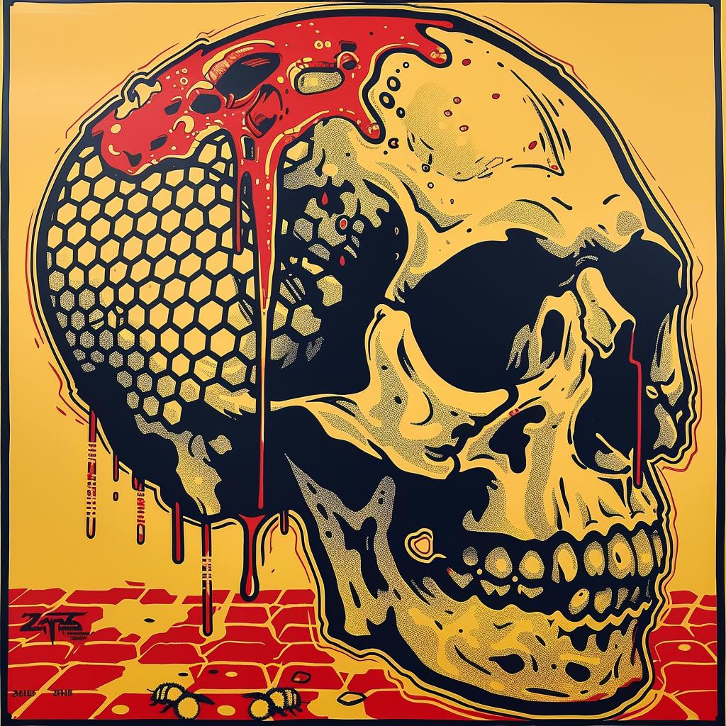 skull  bees  honeycomb  animated  vibrant  folk  colorful  decrepit  illustration  nature 944737
