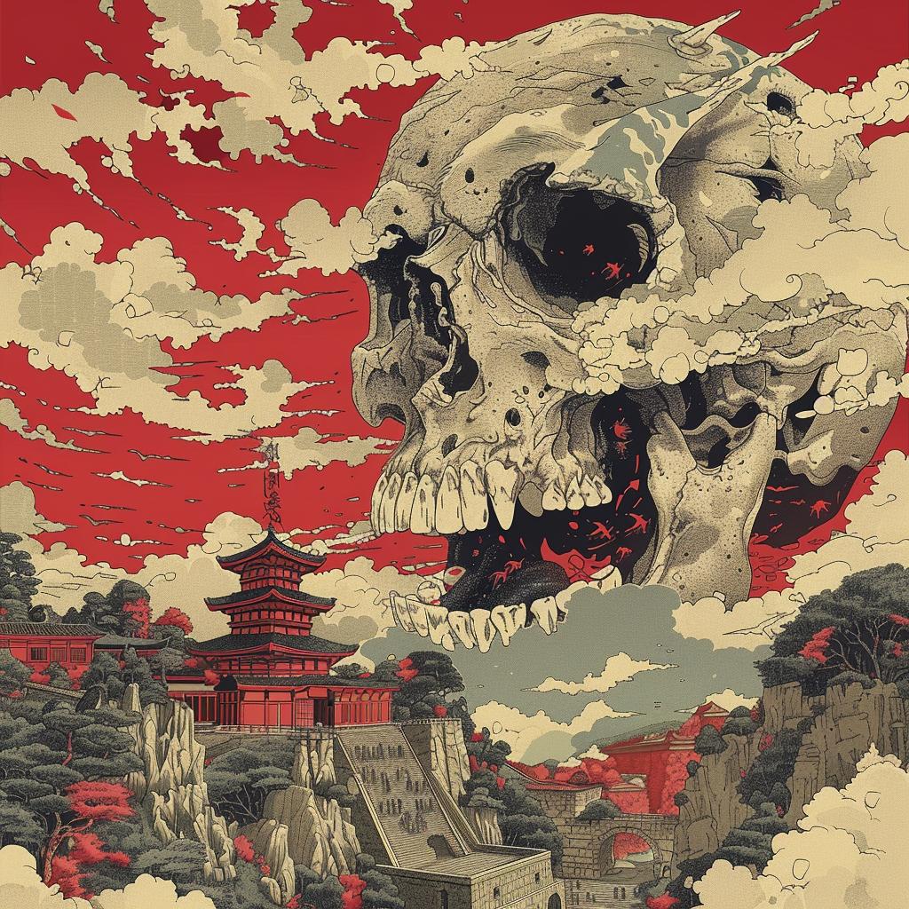 surreal  poster  skull  pagoda  hyper-realistic  screenprinting  chromoluminosity  axonometric  Toshio  Saeki 961672