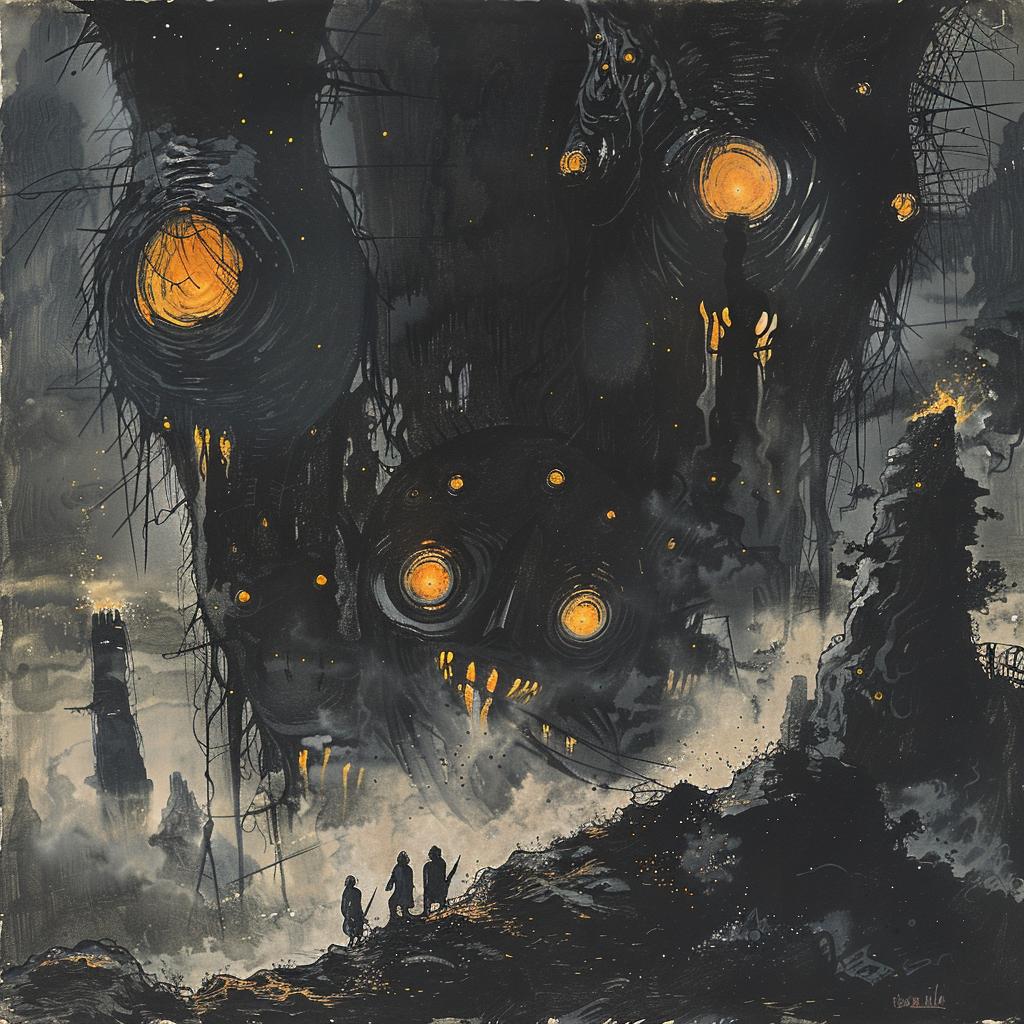 retro  sci-fi  illustration  dark  gouache  vintage  epic  composition  black  Zelda 922449