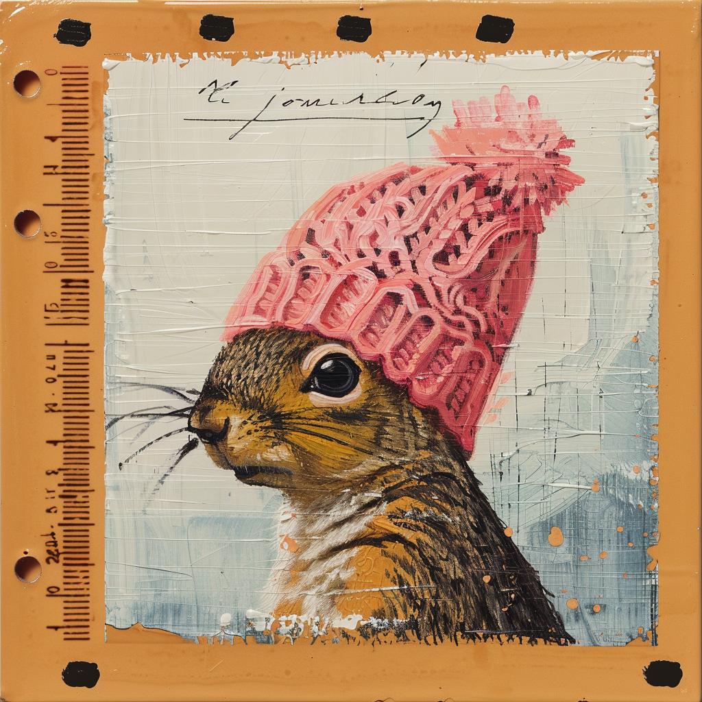 squirrel  pink  hat  encaustic  impasto  playful  whimsical  portrait  vivid  colorful 1015801