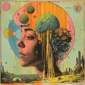 surreal  album  cover  psychedelic  woman  spaceship  hyper-realistic  screenprinting  symbolist  Risograph 1037013