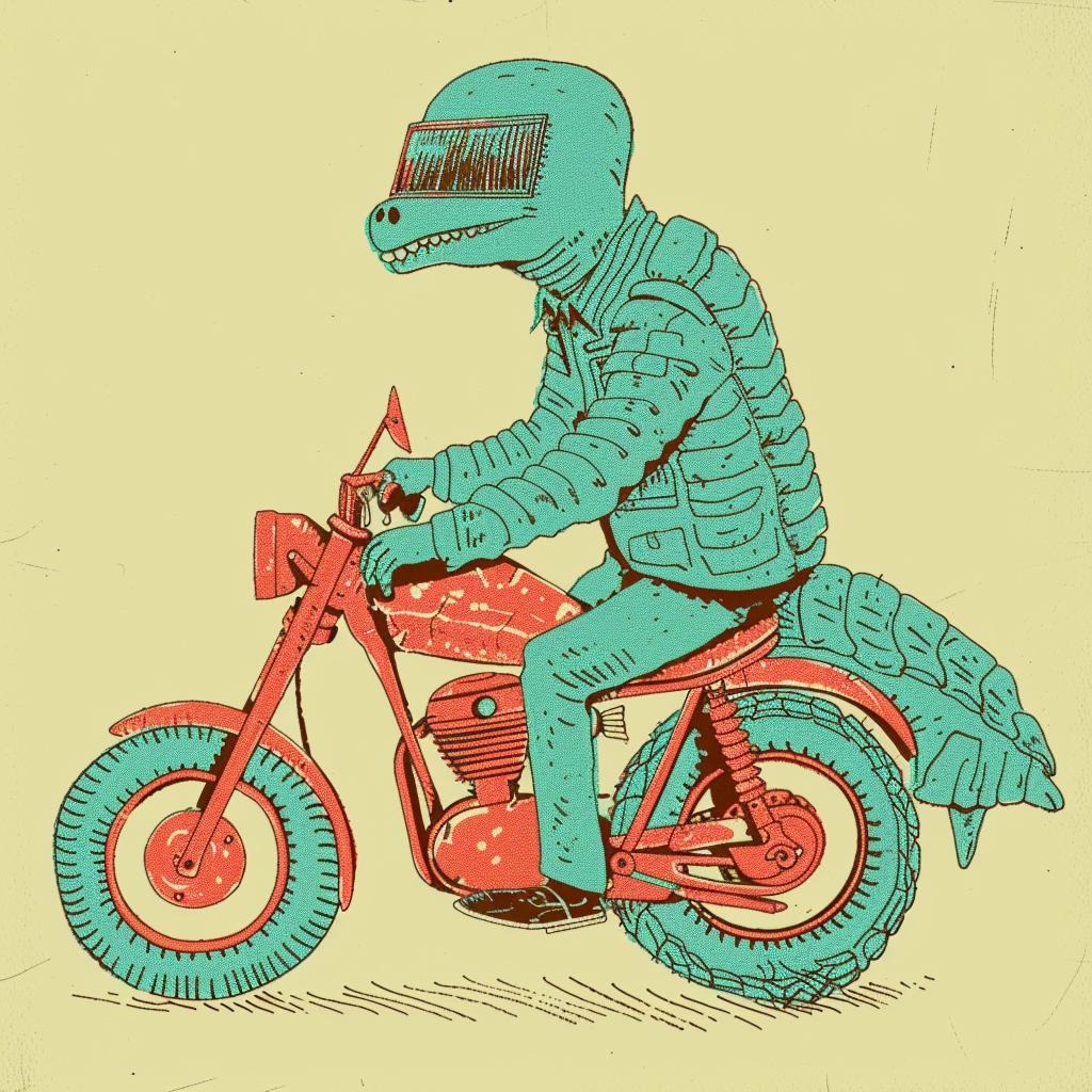 anthropomorphic  turtle  motorcycle  dinosaur  whimsical  cartoon  adventure  vibrant  funny  fantasy 941083