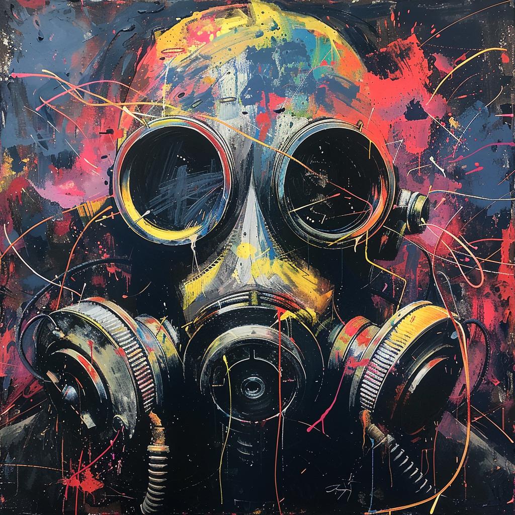 surreal  album  cover  gasmask  hyper-realistic  screenprinting  futuristic  encaustic  Martin  Whatson 959959