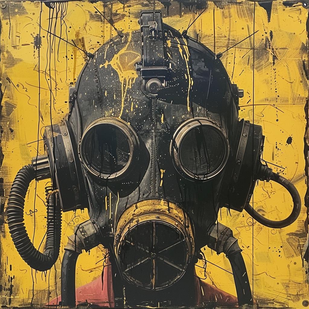 futuristic  gasmask  tubes  wires  yellow  background  encaustic  screenprinting  WRDSMTH  album 959964