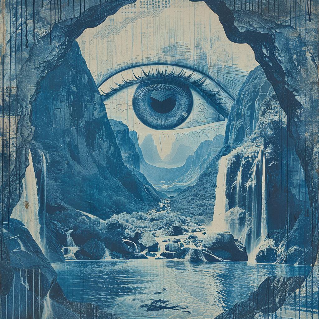 album  art  surreal  blue  mountains  waterfalls  cave  creative  eye  poster 1026601