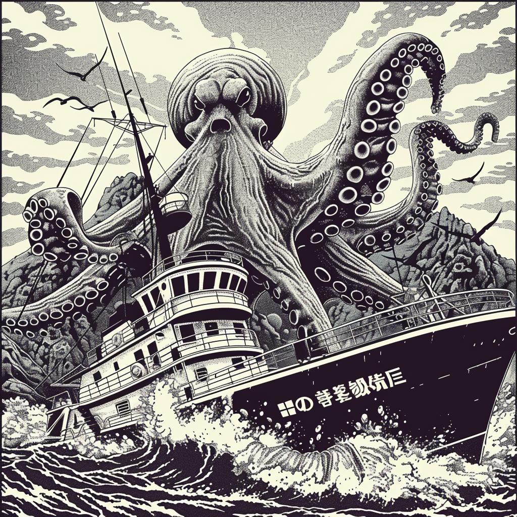 octopus  attack  boat  ocean  dynamic  marine  realistic  vivid  action  illustration 947130
