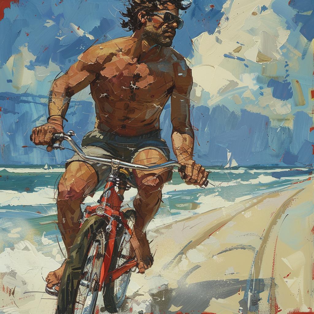beach  bicycle  man  painting  leisure  colorful  landscape  enki  style  character 970488