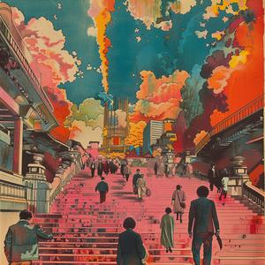 surreal  album  cover  people  stairs  buildings  Risograph  Symbolist  hyper-realistic  screenprint 1077537