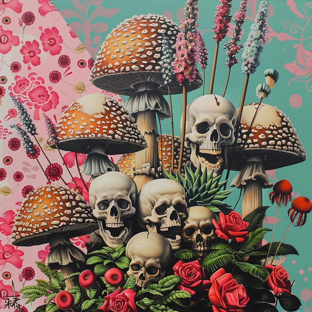 skulls  flowers  vase  painting  mushrooms  villagers  spears  Japanese  art  cluster 1036295