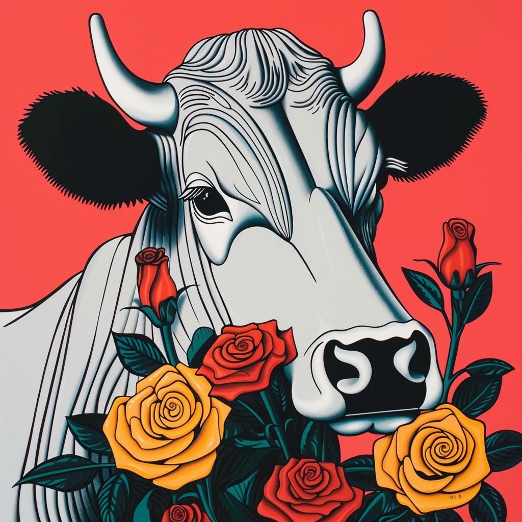 cow  painting  roses  animal  portrait  nature  floral  colorful  whimsical  cute 973256