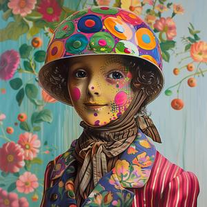 girl  helmet  flowers  painting  chromolithography  glitter  playful  colorful  whimsical  artistic 1039266