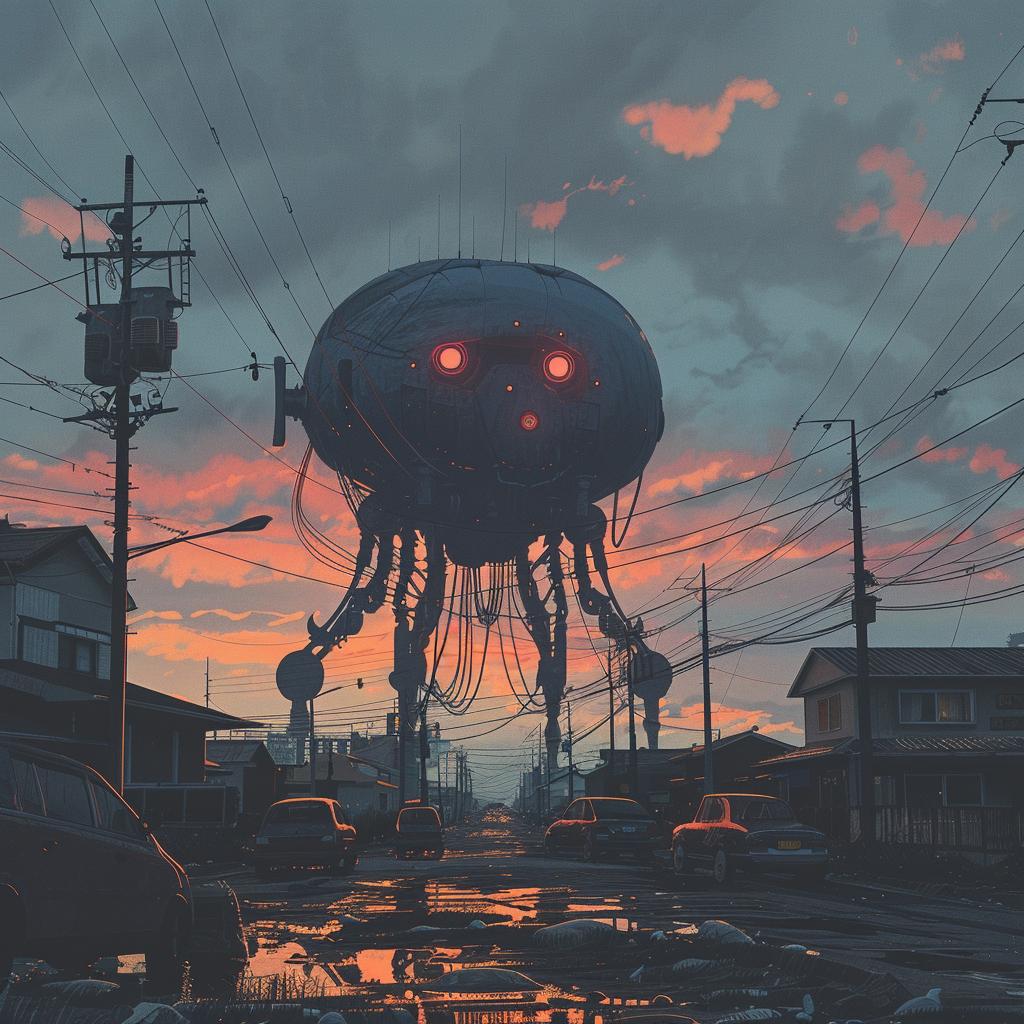 giant  robot  city  street  surreal  painting  hyper-realistic  urban  cover  art 960265