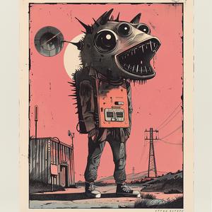 monster  suit  radio  surreal  album  cover  Risograph  screenprinting  hyper-realistic  Symbolist 1079801