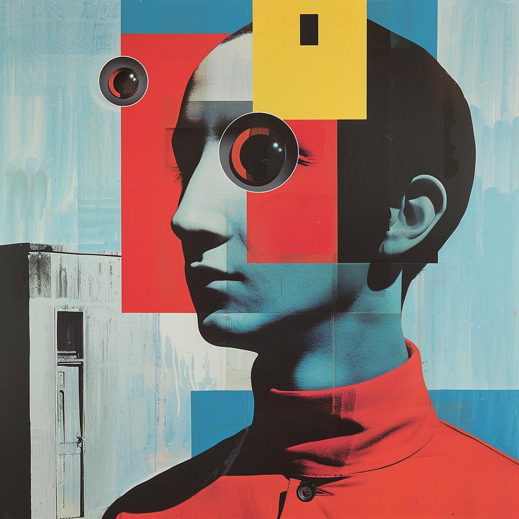 surreal  man  red  shirt  blue  background  hyper-realistic  screenprinting  Paul  Rand 960456