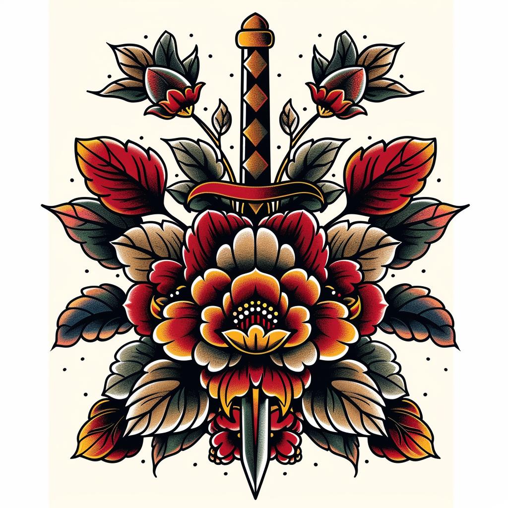 tattoo  sword  flowers  traditional  vintage  bold  graphic  svg  flash  motif 1018362