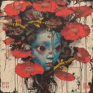 girl  flowers  bees  painting  colorful  nature  chromolithography  art  whimsical  portrait 1061262