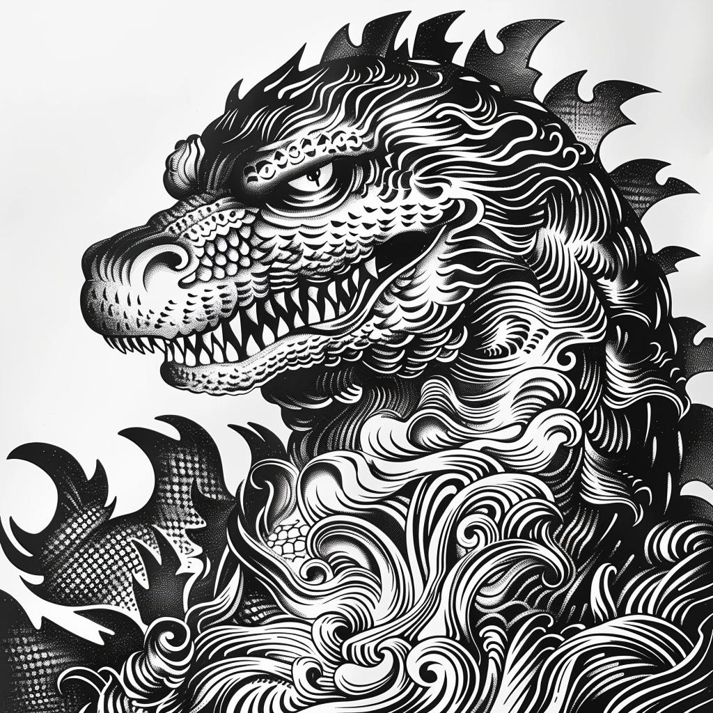 رسم غودزيلا، رسم وحش باللونين الأبيض والأسود، رسم توضيحي، مخلوق، أسلوبي، رقم 942633