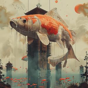 chromolithography  Japanese  koi  fish  water  tower  artwork  nature  vintage  graphic 1040469