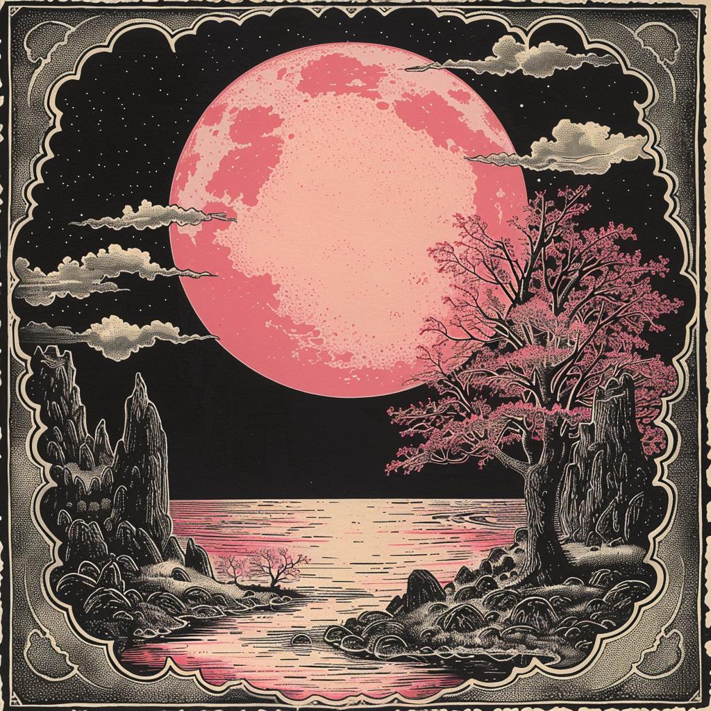 minimal  synthwave  album  cover  Ukiyo-e  moon  water  nature  surreal  pink 916295