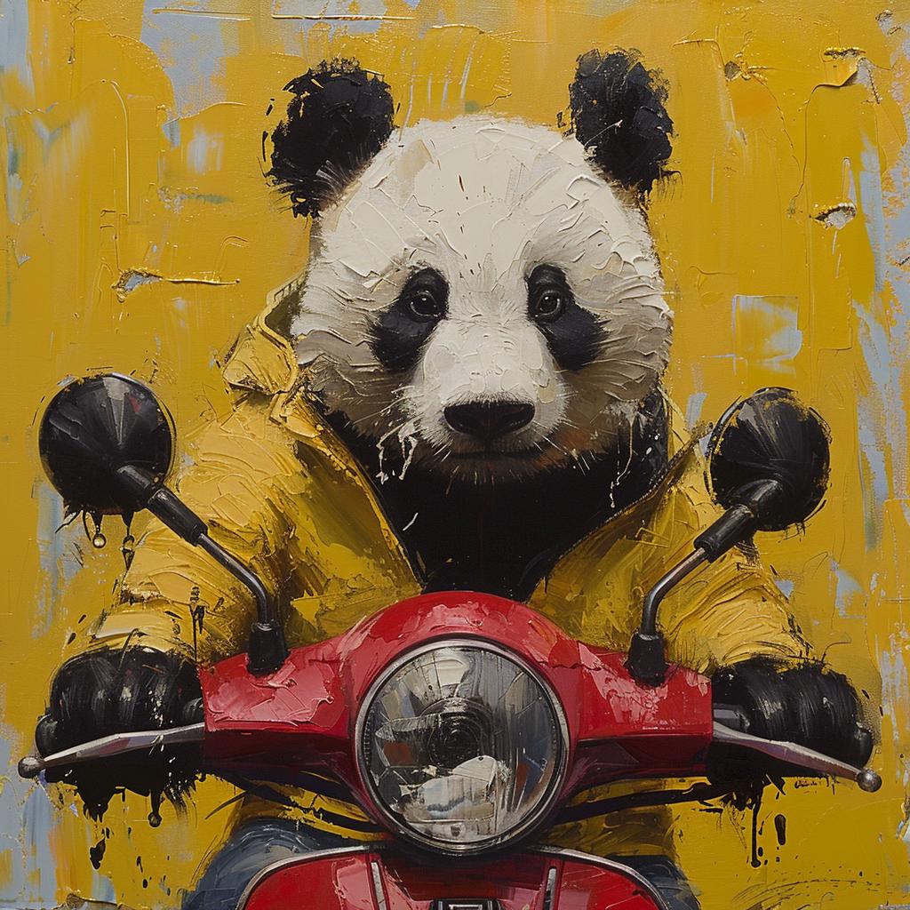 panda  moped  painting  animal  motorcycle  colorful  whimsical  fun  illustration  comedic 1019675