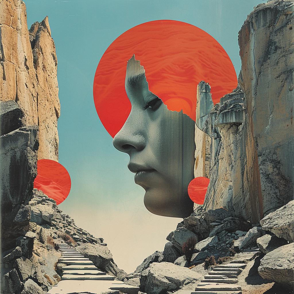surreal  woman  face  rocks  red  sun  hyper-realistic  screenprinting  Ikko  Tanaka 960443