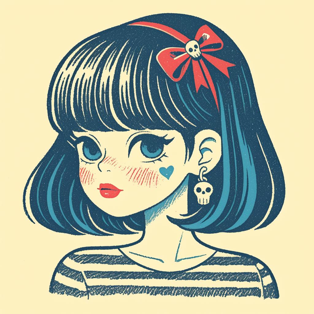 tattoo  girl  design  blue_eyes  red_bow  illustration  streetwear  risoprint  lithography  whimsical 5669