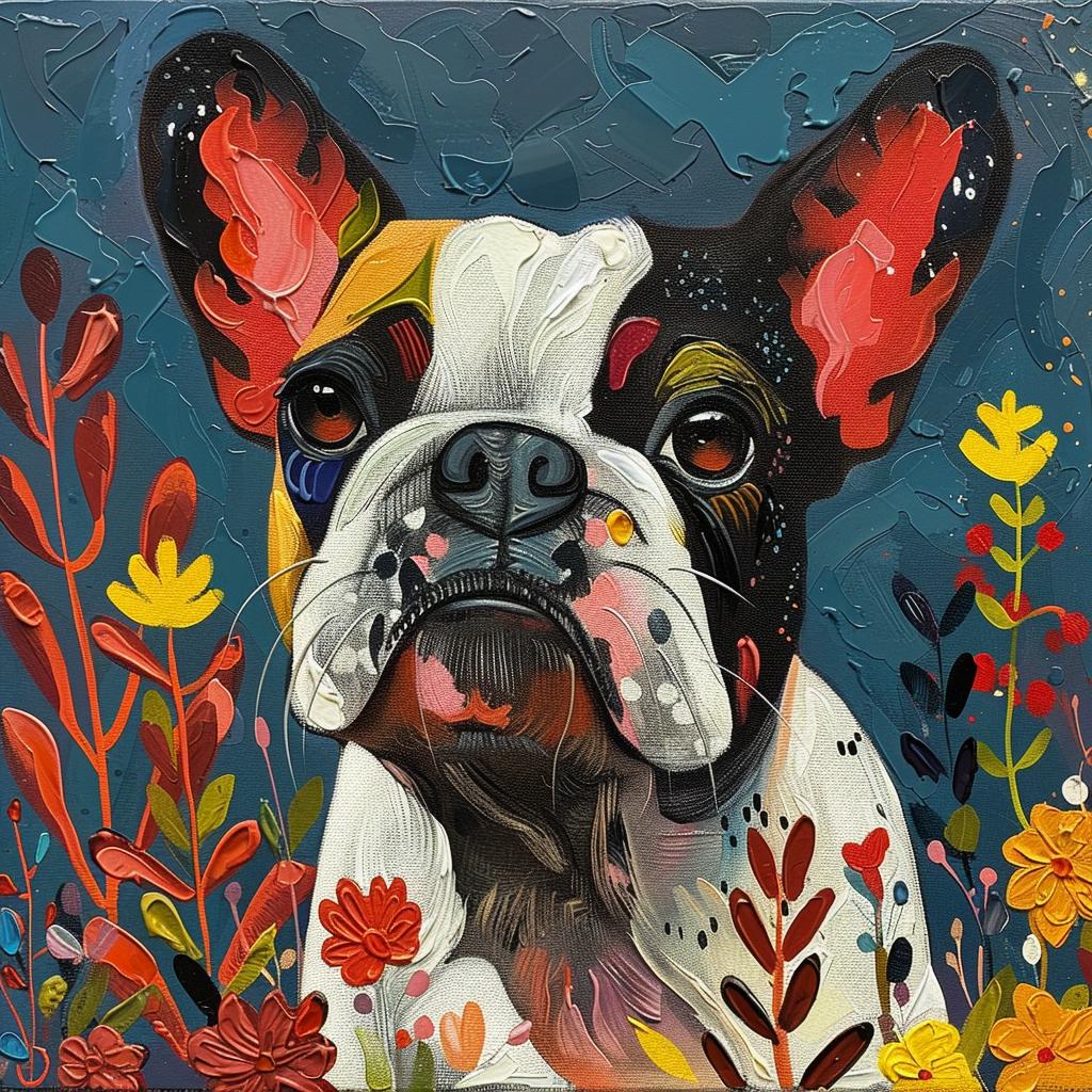 bulldog  flowers  vibrant  textured  whimsical  countryside  faith-inspired  lush  composition  art 938637