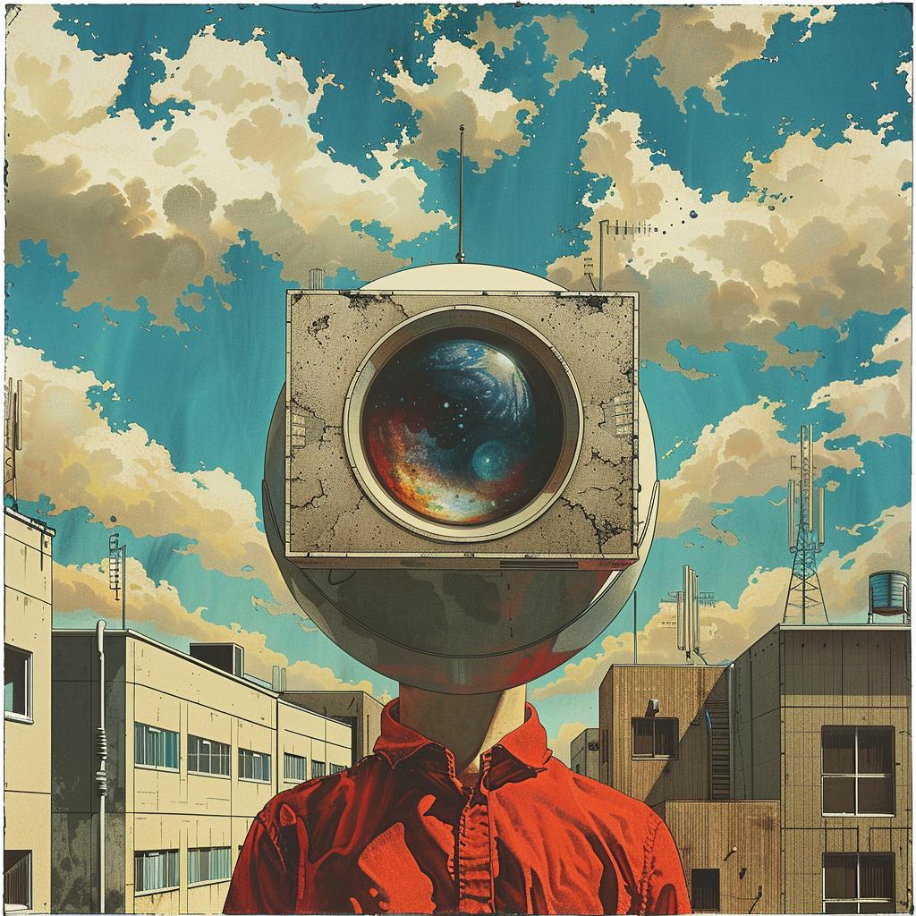 surreal  album  cover  hyper-realistic  screenprinting  camera  head  buildings  Seth  Globepainter 960344